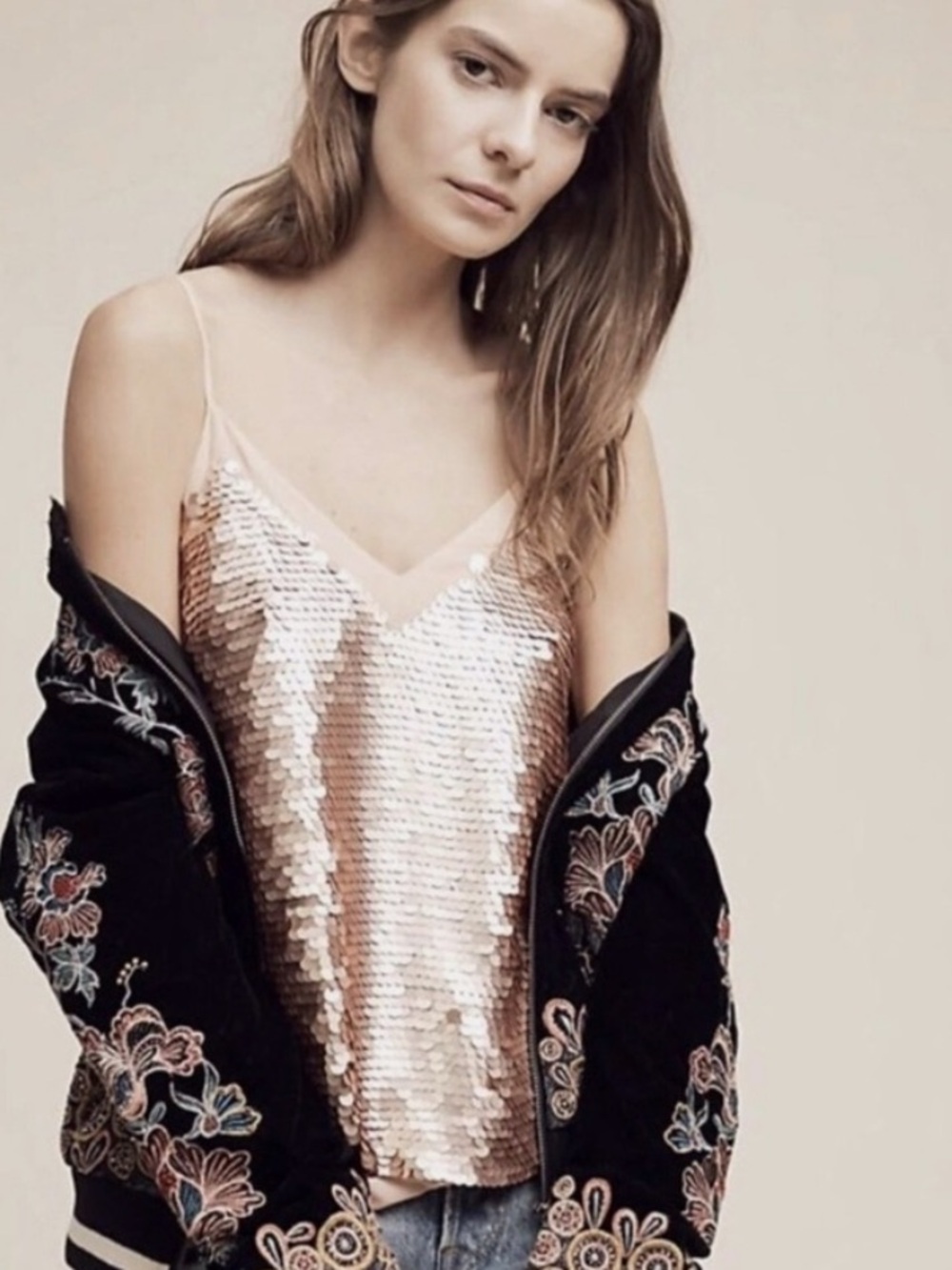 Anthropologie Sequin Metallic Rose Gold V-Neck Cami Tank Top Size 12 - Picture 2 of 11
